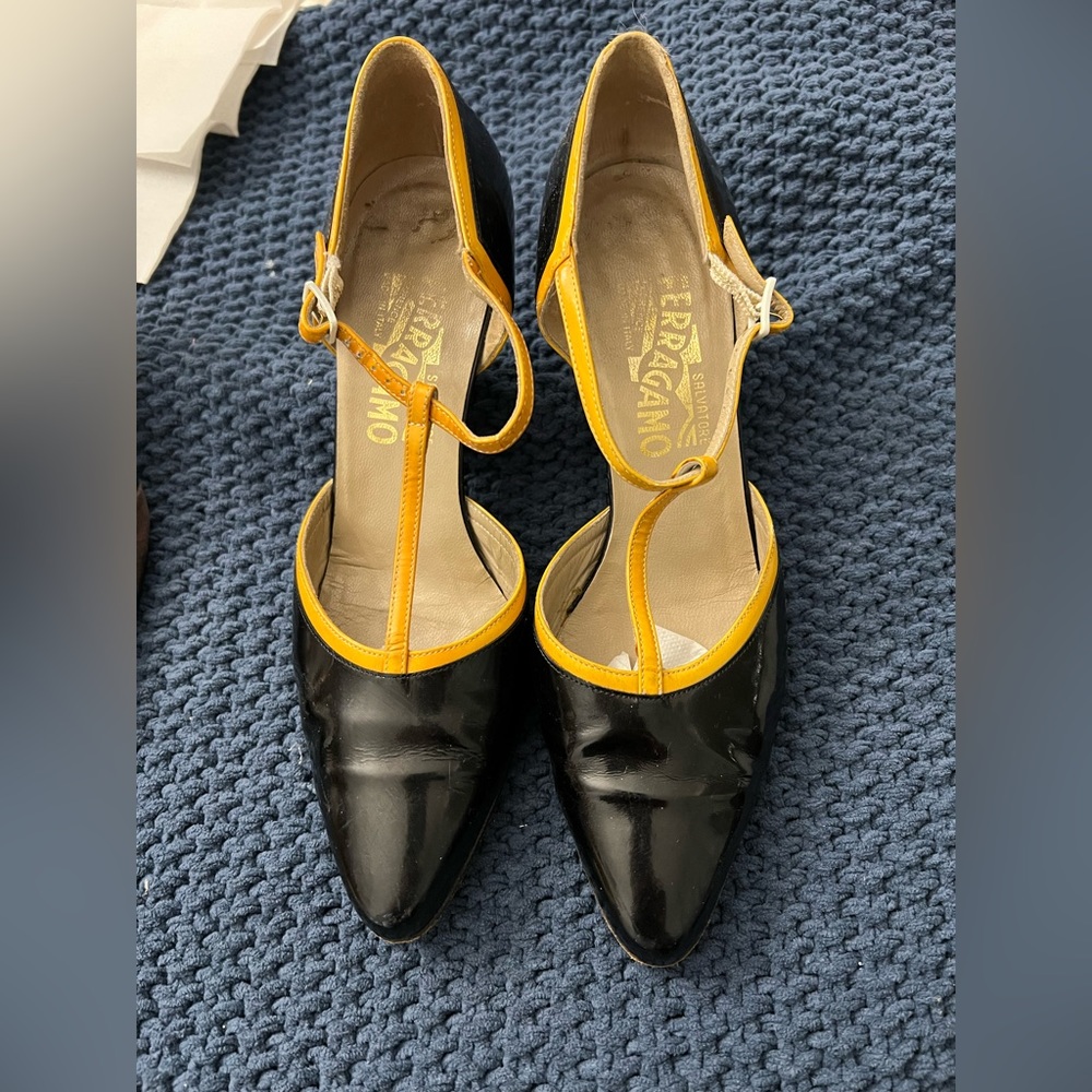Salvatore Ferragamo Black & Yellow Patent Leather T-Strap Heels